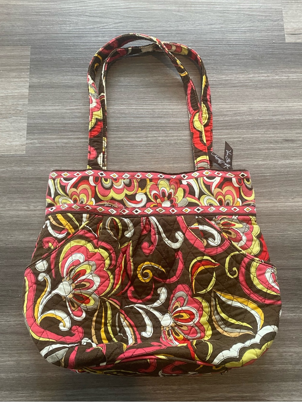 Vera Bradley Quilted Floral Tote in Brown, Pink & Yellow